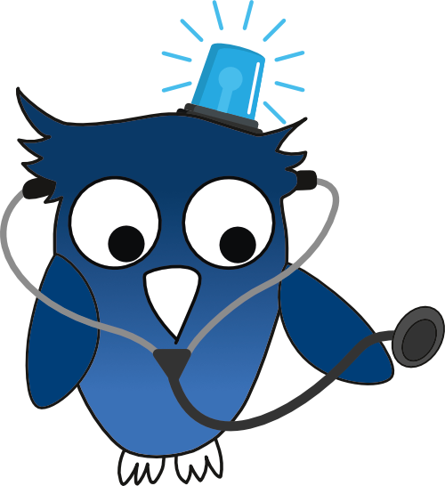 Eine gezeichnete blaue Eule mit Blaulicht auf dem Kopf und Stethoskop
